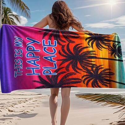 1条彩色椰树图案沙滩巾，超强吸水，轻便速干，防风防紫外线，热带风情，可机洗，是海滩、旅行、露营和派对的理想之选，夏季海滩和泳池必备伴侣。