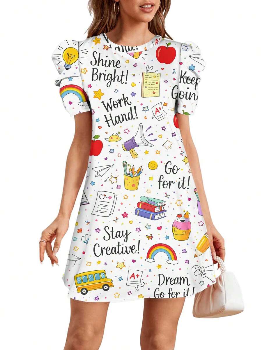 Motivational School-Themed Illustrations Summer Dresses For Women Casual Petal Sleeve Swing Vacation Dress - Nhiều màu - Xem 1