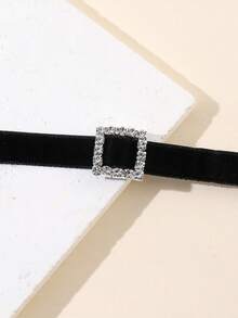 1件女士复古时尚简约天鹅绒方形水钻颈链，短款锁骨链 - 彩色 - 查看 3