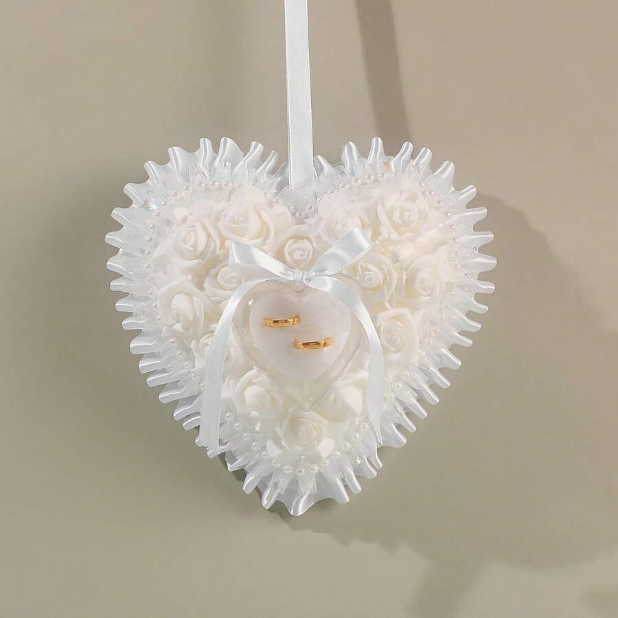 大型纯白极简主义新郎求婚戒指枕，浪漫心形新娘捧花戒指托 - 查看 1