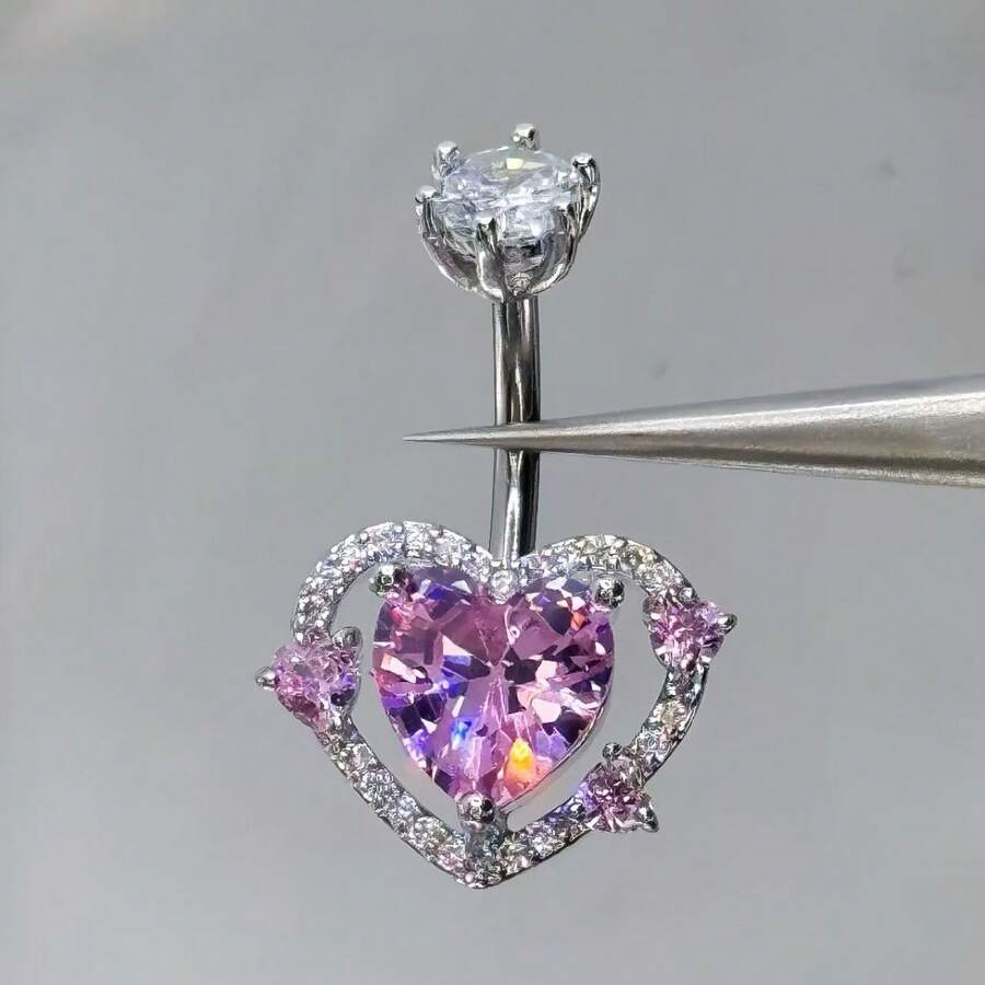 1件热销穿孔饰品，心形锆石肚脐环，粉色心形肚脐环，女士肚脐环及肚脐穿孔配件 - 粉紅色戀人 - 查看 1