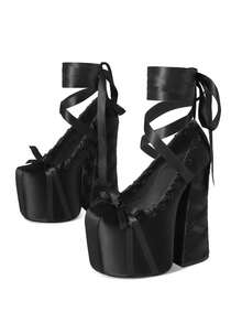 Mary Jane Sweet Lolita Platform Chunky High Heels Pumps For Women Fashion Ballet Cosplay Anime Satin Lace Bow Ribbon Y2K Punk Goth Hot Lovely Gir Baroque Shoes Woman - 黑色 - 查看 6