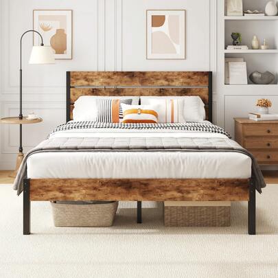 Gunji Twin & Full & Queen Bed Frame With Headboard And Footboard , 12.2in Under Bed Storage, All-Metal Support System, No Box Spring Needed,Noise Free, Easy Assembly,Retro Brown