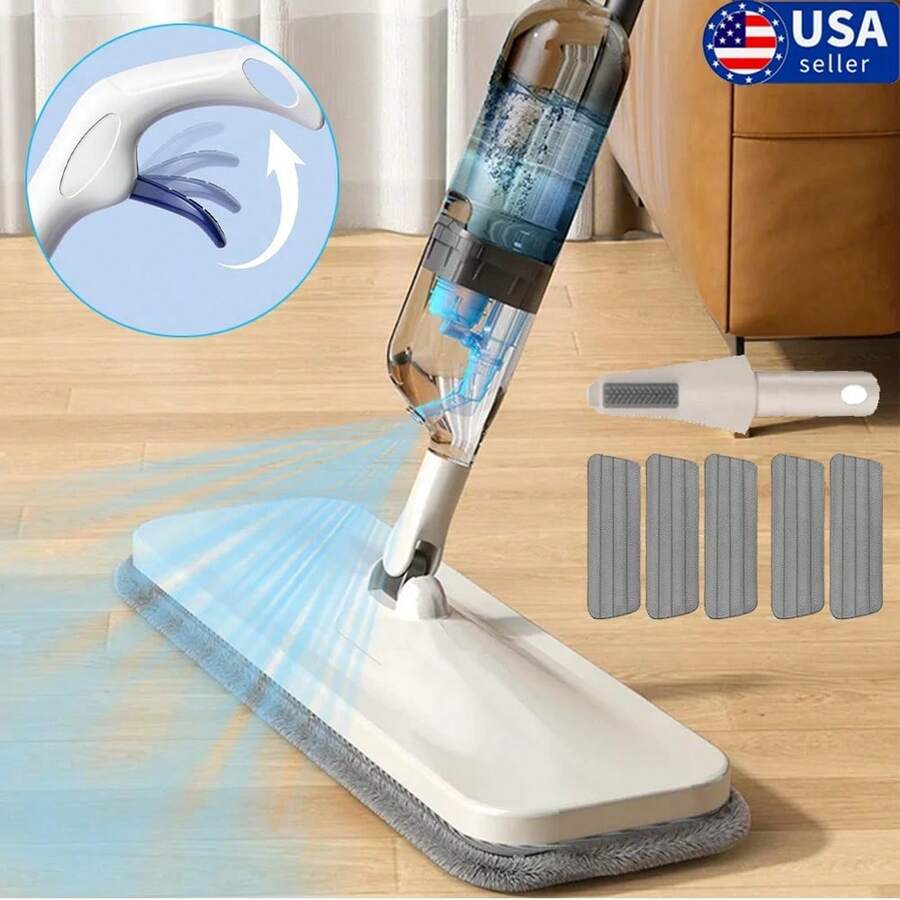 360° Rotating 2 In 1 Spray Mop, Wet And Dry Rotating Flat Mop With Water Sprayer, Microfiber Spray Mops, For Tile, Wood, Laminate, Vinyl & Marble Floor Cleaning, Bright White (With 5 Cloth, Rubber Scraper, 40CM Wide) - A - 查看 1