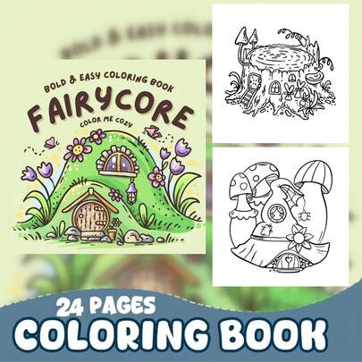 这是一本风格大胆简约的成人及青少年涂色书，包含24幅手绘插图，描绘了迷人的仙女小屋、蘑菇、书籍等元素。插图风格大胆而极简，涵盖了仙女小屋、可爱的蘑菇、各种图案和仙女主题元素。粗线条和充足的留白使涂色轻松愉快。对于喜爱仙女主题艺术和阅读的青少年及成人来说，这是一份完美的礼物。