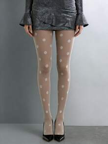 女士白色大波点印花打底裤 - 加厚圆点弹力版，复古可爱日常时尚百搭打底裤 - 白色 - 查看 2