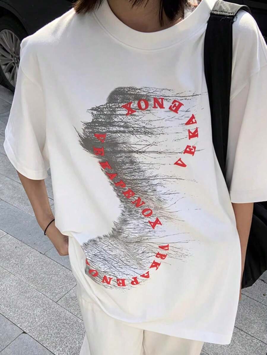2026 Summer New Women's Round Neck Casual Loose Artistic Text Graphic Print T-Shirt, Street Fashion Versatile Student Short Sleeve Tee White - White - View 1