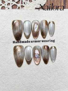 10pcs Handmade Nails Almond Nails Acrylic Press On Nails Medium Long, Gentle Silver Brown Gradient Nails, Flashy Cateye, Nail Powder Edge, Simple Elegant Luxury Nails, Spring Press On Nails, Y2K Versatile Nails DIY False Nail Art Party Daily & Dating Use Beach Tropical Getaway Suitable Reusable, For Women & Girls As Gift Nail Supplies - Multicolor - View 1