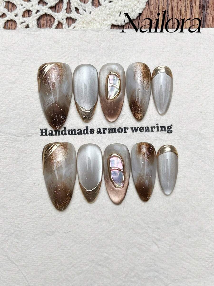 10pcs Handmade Nails Almond Nails Acrylic Press On Nails Medium Long, Gentle Silver Brown Gradient Nails, Flashy Cateye, Nail Powder Edge, Simple Elegant Luxury Nails, Spring Press On Nails, Y2K Versatile Nails DIY False Nail Art Party Daily & Dating Use Beach Tropical Getaway Suitable Reusable, For Women & Girls As Gift Nail Supplies - Multicolor - View 1