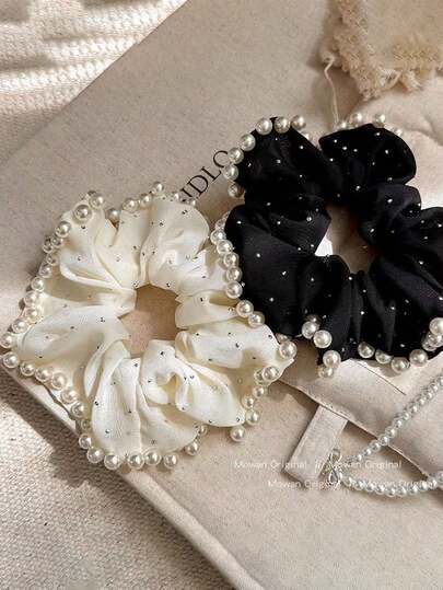 1/2 chiếc dây buộc tóc lớn màu đen trắng | Dây buộc tóc 13cm đính kim cương nhân tạo và ngọc trai giả, phụ kiện buộc tóc đuôi ngựa thanh lịch cho buổi dạ hội.