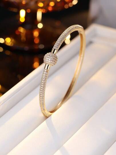 1pc Luxury Fully Paved Crystal Ball Bracelet, Unique Design Elegant Zirconia Bangle, Versatile Daily Wear Accessory For Women