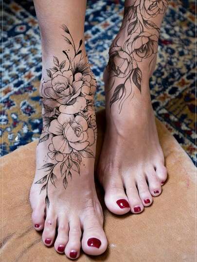 2pcs Fashionable Cool Temporary Tattoo Stickers, Couples Black Fake Tattoo, One-Time Tattoo Chain, Rose, Vine, Mandala Flower, Floral Print Patterns, Waterproof Non-Reflective Easy To Apply And Remove, Highly Realistic, Suitable For Women's Arms, Feet, Legs, Music Festival Party Supplies