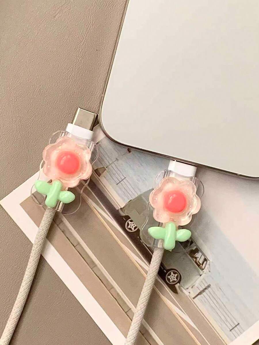 2pcs Cute Transparent Sunflower Design Data Cable Protector, 20W Universal Type-C Android Charging Cable Gift - Multicolor - View 1