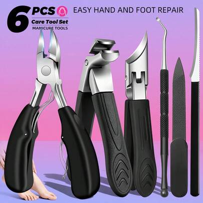 6 piezas Juego de herramientas profesionales de manicura y pedicura de alta resistencia - Juego de cuidado de uñas de acero inoxidable, incluye cortaúñas, empujador/tenedor de cutículas, removedor de callosidades, adecuado para hombres, mujeres, ancianos, regalo de Halloween, para limpieza de uñas de los pies y los pies