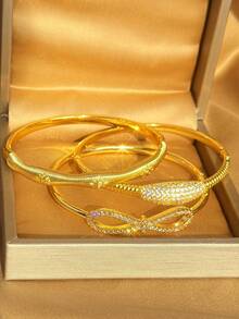 3pcs Gold-Plated Bangle Set | Bow & CZ Textured Bracelets | Bohemian Luxury Jewelry For Women - Multicolor - View 5