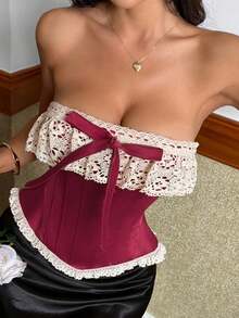 Luna Muse 女士复古酒红色蕾丝抹胸露脐上衣，宫廷风紧身束身吊带背心，饰有蝴蝶结，性感迷人，优雅高端，适合日常、休闲、派对、假日、约会、街头、演出、音乐节、情人节、新年等场合穿着 - 酒紅色 - 查看 4