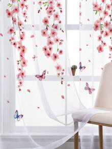 1PC Romantic Cherry Blossom 2D Printed Curtains, Fresh Pink Butterfly Pattern Curtains - Multicolor - View 8
