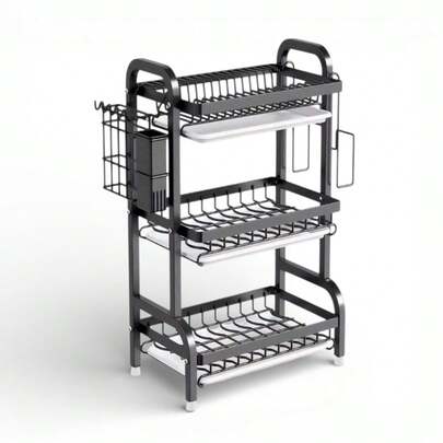 Organizador de Cocina Multifuncional de 3 Niveles de Acero Inoxidable, Estante Escurridor de Platos con Bandejas Antigoteo, Porta Utensilios y Soporte para Tabla, Ahorra Espacio y Mantén tu Cocina Ordenada