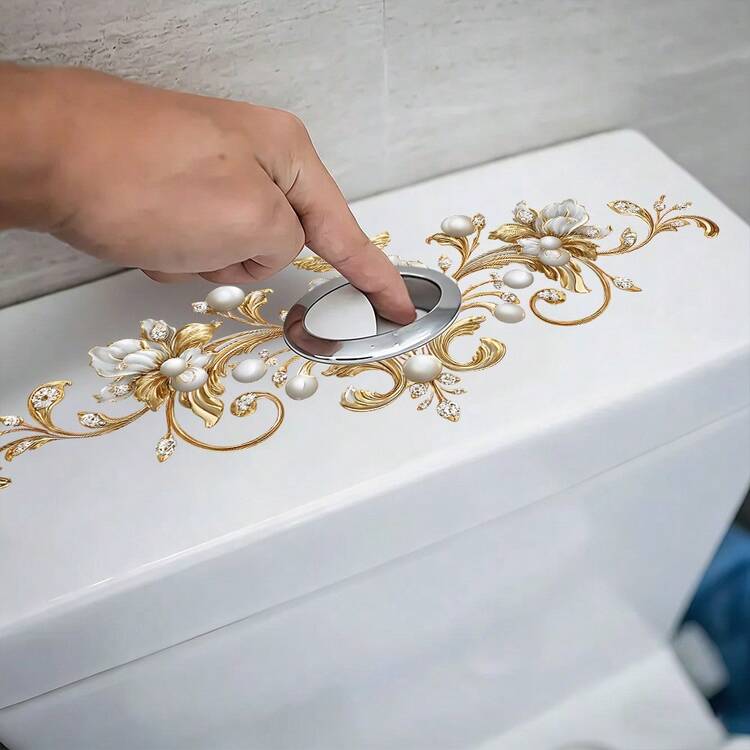 1 pièce Autocollant de toilette floral doré, papier vinyle imperméable et auto-adhésif, convient pour le couvercle de toilette de salle de bain, les meubles amovibles, les armoires et la décoration murale, belle décoration de pièce - Multicolore - Voir 7
