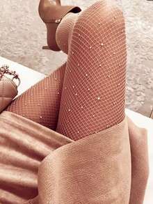 Bộ đồ liền thân đính kim cương chất lượng cao, tất lưới, quần tất màu da, thích hợp phối cùng váy, quần short, bốt, thời trang cao cấp. - Màu Khaki - Xem 1