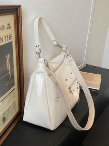 1件装女士铆钉朋克摩托车包设计多口袋单肩包大容量时尚通勤包配2条肩带 - 米色 - 查看 7