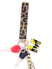 1pc Gold  & Decorated Bling Glitter Wristband With Open Circle Keychain, Suitable Clutch And Keychain Leopard Print EASP - 彩色 - 查看 2