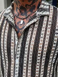 Áo sơ mi nam tay ngắn dệt kim họa tiết sọc rỗng đen trắng, phong cách thường ngày, thích hợp cho mùa hè, đi làm; trang phục nam phong cách Hawaii, áo sơ mi nam phong cách Bohemian. - màu đen - Xem 5