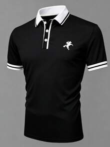 Polo homme casual en tricot doux, respirant et extensible de couleur unie avec impression de couleur contrastée sur la poitrine. Convient pour l'extérieur, la maison et les déplacements. Pièce essentielle polyvalente pour homme - Noir - Voir 1