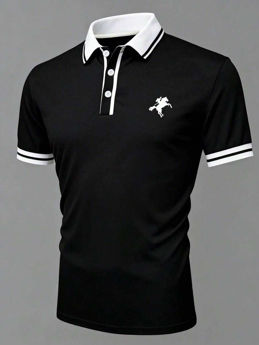 Polo homme casual en tricot doux, respirant et extensible de couleur unie avec impression de couleur contrastée sur la poitrine. Convient pour l'extérieur, la maison et les déplacements. Pièce essentielle polyvalente pour homme - Noir - Voir 1