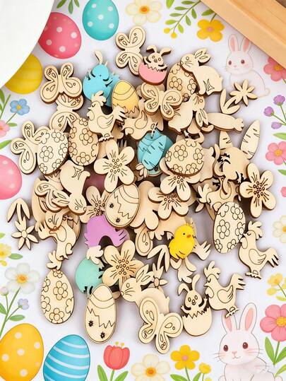 50pcs Unfinished Wooden Easter DIY Decorations - Rabbit Egg & Flower Shaped Wooden Hanging Ornaments, Suitable For Spring And Easter Parties
