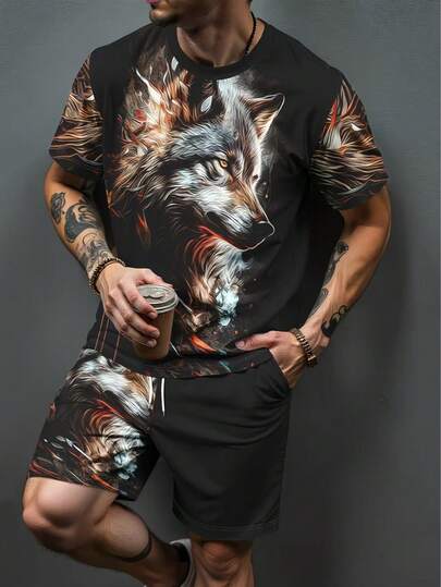 Conjunto casual de camiseta de manga corta y pantalones cortos con estampado de lobo para hombre