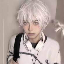 An Anime Cosplay Men's White Short Curly Handsome Wig With Fluffy, Broken Hair And Slanted Bangs Cosplay, High-Temperature Silk Fake Hair - White - View 1