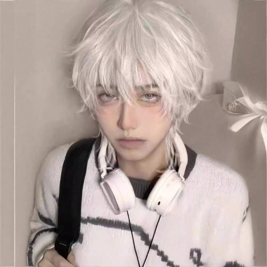 An Anime Cosplay Men's White Short Curly Handsome Wig With Fluffy, Broken Hair And Slanted Bangs Cosplay, High-Temperature Silk Fake Hair - White - View 1