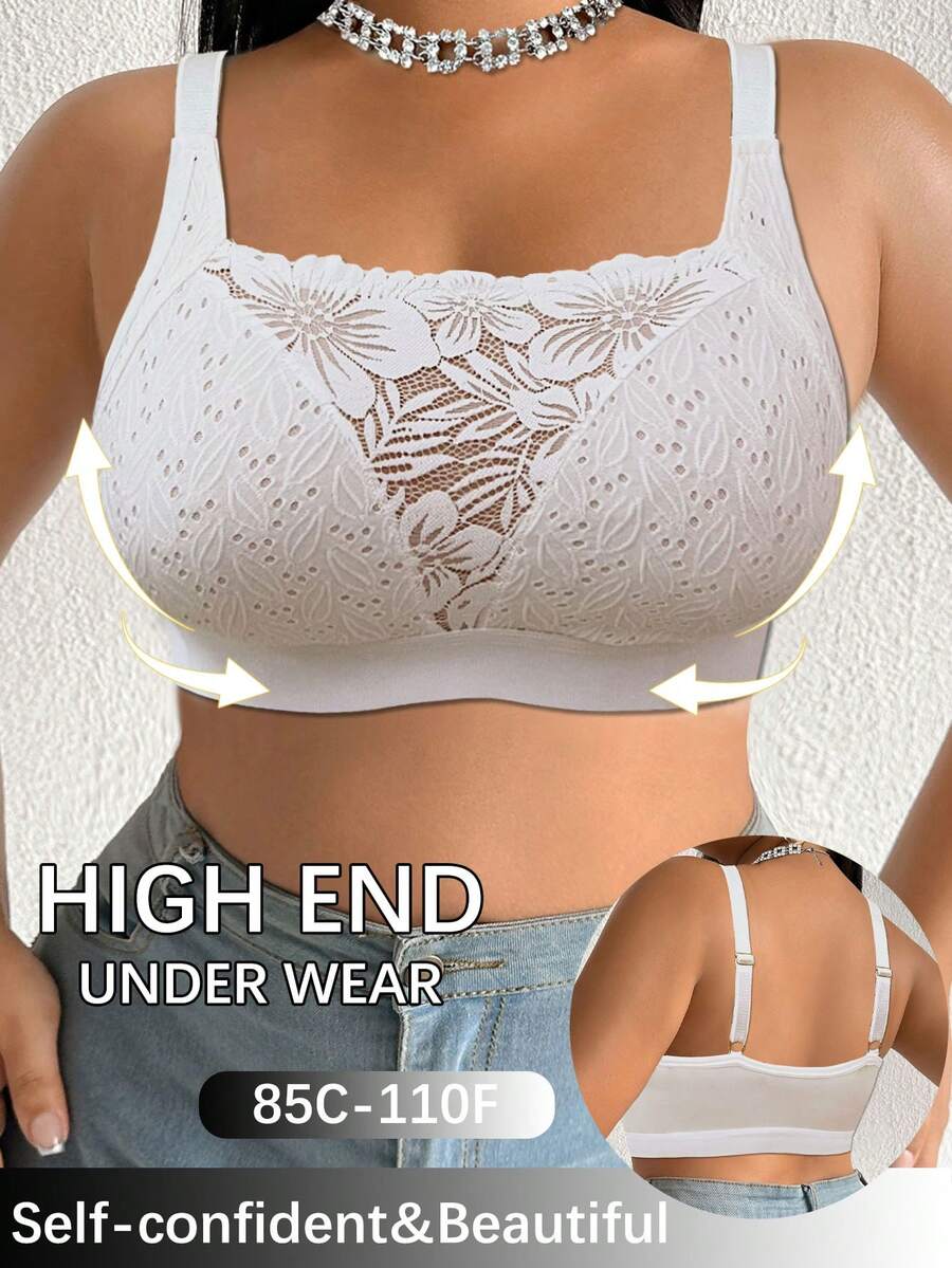Plus Size Women Lace Patchwork Seamless Underwear, Suitable For Daily Wear And Various Occasions - White - View 1