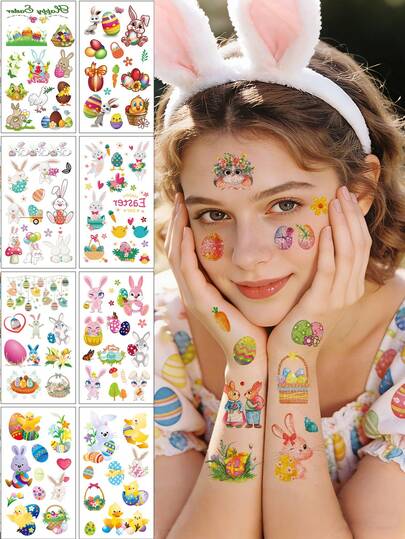 10pcs Cute Easter Temporary Tattoo Stickers, Cartoon Easter Egg Bunny Face Makeup Temporary Tattoo Stickers, Holiday Party Disposable Tattoo Stickers