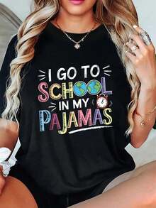 Camisetas de verano para graduaciones, para la escuela en casa y en línea, informales, de manga corta y cuello redondo, para verano y primavera, ropa de mujer. - Negro - Ver 1