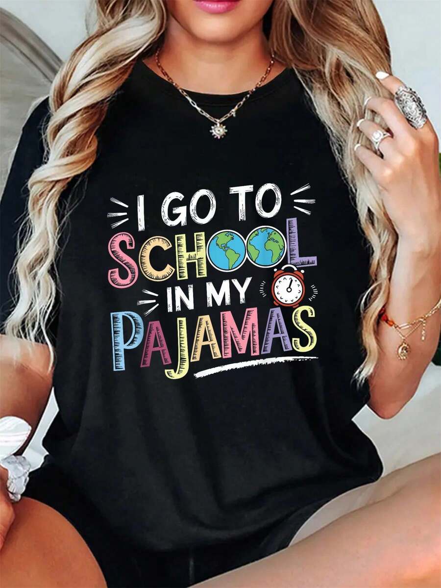 Camisetas de verano para graduaciones, para la escuela en casa y en línea, informales, de manga corta y cuello redondo, para verano y primavera, ropa de mujer. - Negro - Ver 1