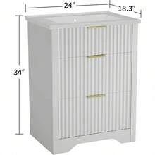 Gabinete de baño ranurado de 24 pulgadas con lavabo vanidad independiente estilo granja 2 cajones más 1 cajón desplegable montaje sencillo y limpieza fácil ideal para organizar tus artículos de baño con elegancia - Blanco - Ver 2