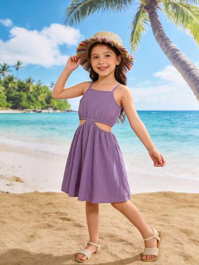 Girls' Purple Sleeveless Crop Top Dress, Side Hollow + Elastic Waist, Crinkle Texture Flared Skirt, Summer Vacation Chic Outfit