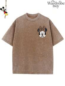 Disney Printed Wash Water T-Shirt,Disney Leopard Print Minnie  Graphic T-Shirt,Unisex,High-Quality Pure Cotton T-Shirt,Suitable For All Seasons, Comfortable And Breathable| Exquisite Design | The Best Choice For Giving Gifts - 卡其色 - 查看 3