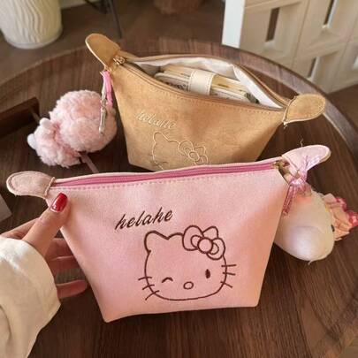 SANRIO 新款麂皮刺绣猫耳化妆包，可爱便携大容量化妆包，粉色和棕色