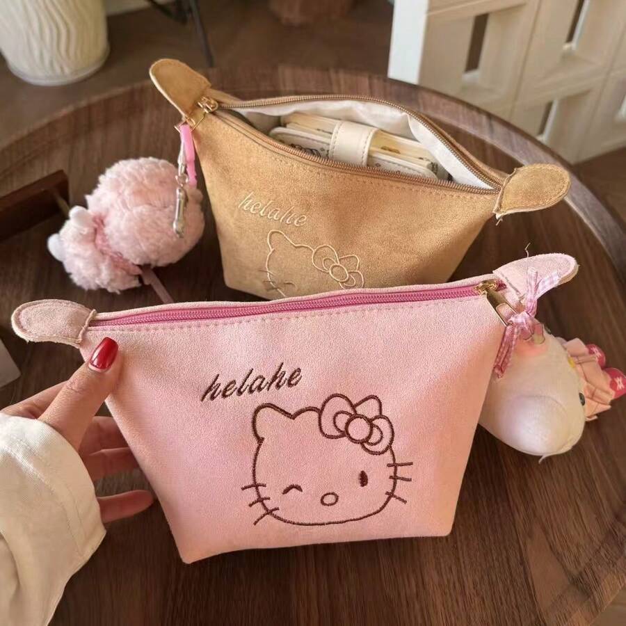 SANRIO 新款麂皮刺绣猫耳化妆包，可爱便携大容量化妆包，粉色和棕色 - 查看 1