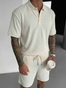 Men's Classic Fashion Jacquard Polo Shirt And Jacquard Elastic Waist Shorts Set, Suitable For Daily Social Activities And Business Travel - Apricot - View 3