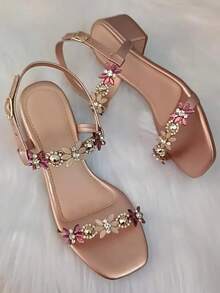 Women's Sandal With Low Block Heel, Thick, Comfortable, With Rhinestones, Casual, Women's - Copper - View 3