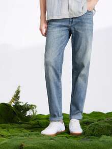 CAMEL CROWN Jeans rectos de pierna con lavado retro para hombres, pantalones vaqueros de algodón ligero para primavera/verano - Azul nostálgico - Ver 6