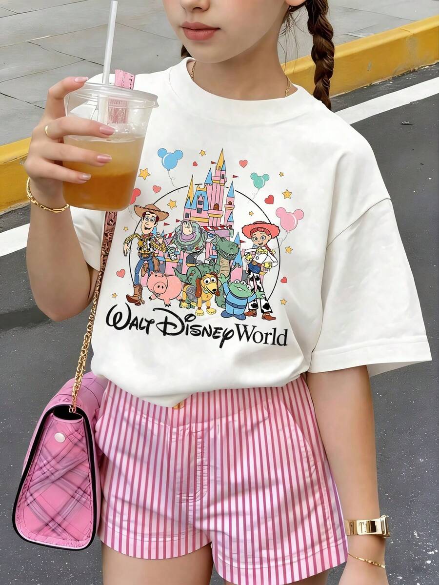 Disney Toy Story Character Woody, Buzz Lightyear, Disney Castle,Walt Disnep Word T-Shirt Print Pattern Summer Tops,Short-Sleeved Casual And Cute Style Children's Clothing Design, Girl Clothes For Kids ,Ropa Para Niños,Girl Clothes For Kids,Graphic Tee, Summer Clothes,Perfect For Cool Girls. Comfortable And Breathable Children's Short-Sleeved T-Shirt. Comfortable And Casual Wear All Year Round 180g Pure Cotton Children's Clothes,Comfortable & Lightweight, Iconic Print For Mix-And-Match Outfits,Suitable For Both Boys And Girls. - White - View 1