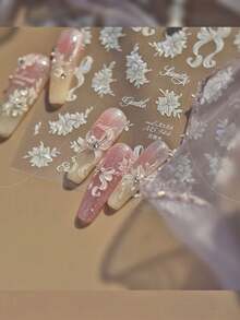 1个珍珠母贝蝴蝶结白色5D小花缎带蝴蝶结优雅美甲贴纸自粘按压式美甲贴，适合女性，闪亮新娘美甲装饰，适用于婚礼派对特殊场合 - 彩色 - 查看 6