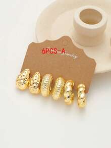 6-18pcs/Set Fashionable Geometric Earring Set, Including C-Shape, Twist, And Water Drop Designs - Gold - View 7