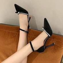 Zapatos de tacón para mujer Zapatos de tacón de aguja con punta cerrada, adorno de perlas y delicado cierre con broche de lazo. Elegantes zapatos de novia con un aire de cuento de hadas. - Negro - Ver 7