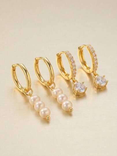 1 Set/2 Pairs Luxury Valentine's Day Gold Earrings - Round Cut Clear Diamonds And White Pearl Jewelry, Suitable For Women's Birthday Gift, Work, Office, Party